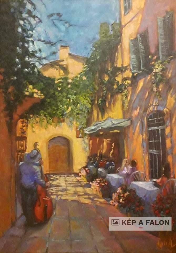 Dallamok a napfényes udvarban by: Békési-Egedi Mária | 2022, olaj festmény