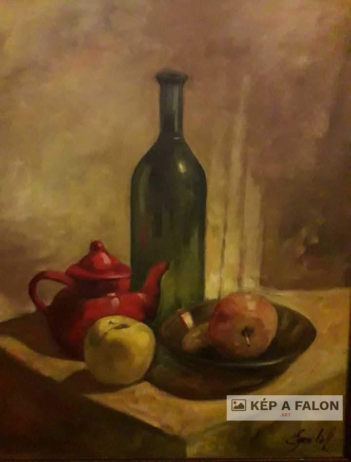 Csendélet piros teáskannával by: Békési-Egedi Mária | 3018, olaj festmény